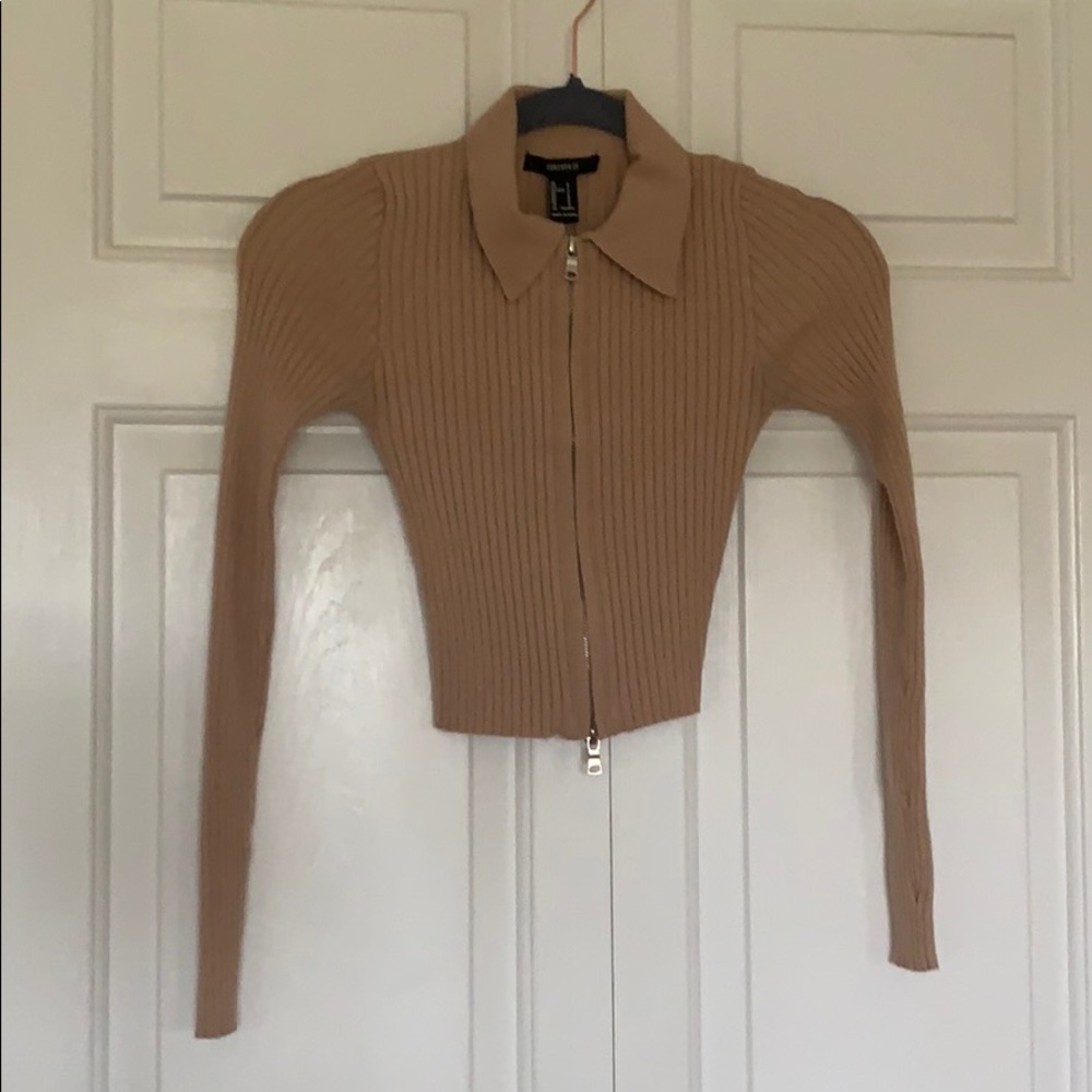 Ribbed cropped zip up sweater